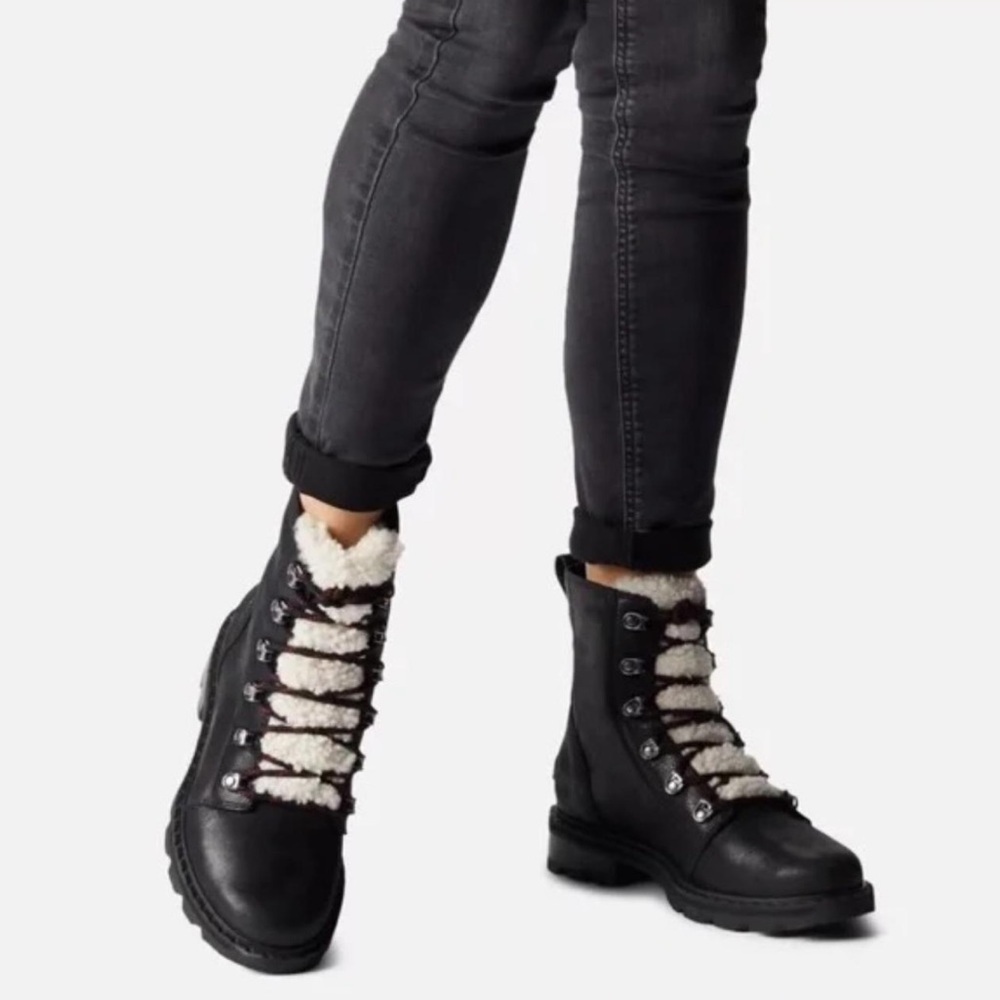 NWT SOREL Black Women's Lennox Lace Cozy Rain Boot Waterproof Suede Boots size 6
